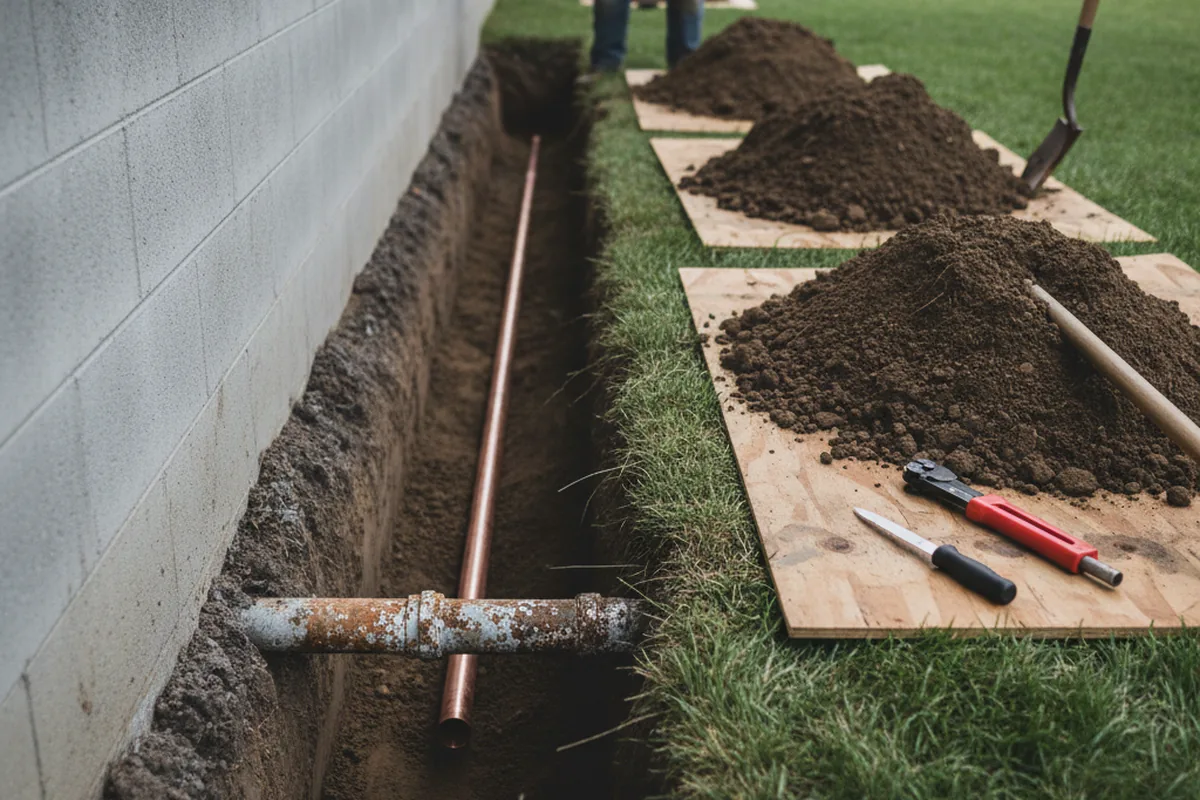Excavated water line trench during Water Heater Repair in King City